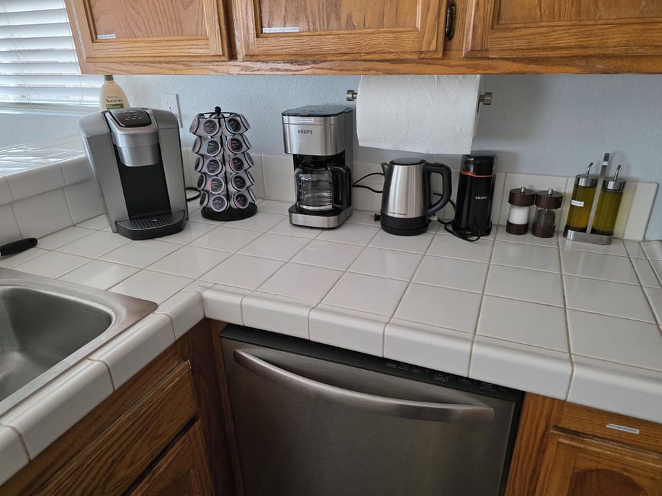 Coffee pot, grinder, keurig, tea kettle, olive oil