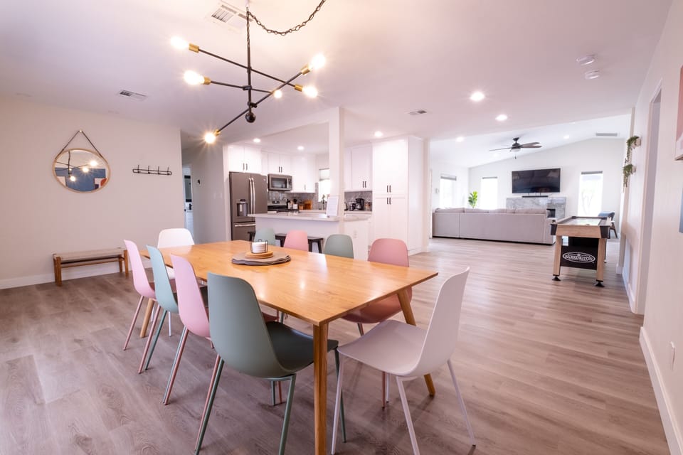 Open concept layout with sight lines from the dining, kitchen and living room.
