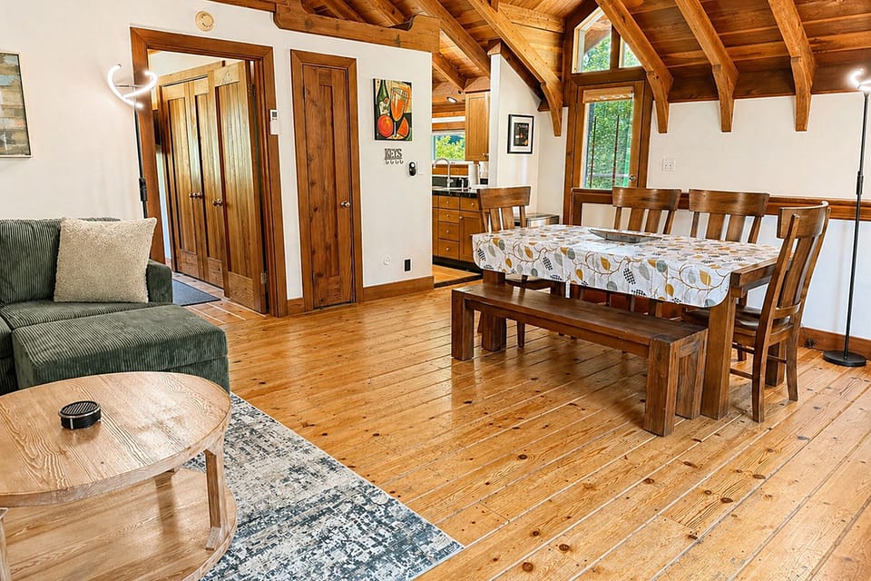 The dining room is steps away from the galley kitchen