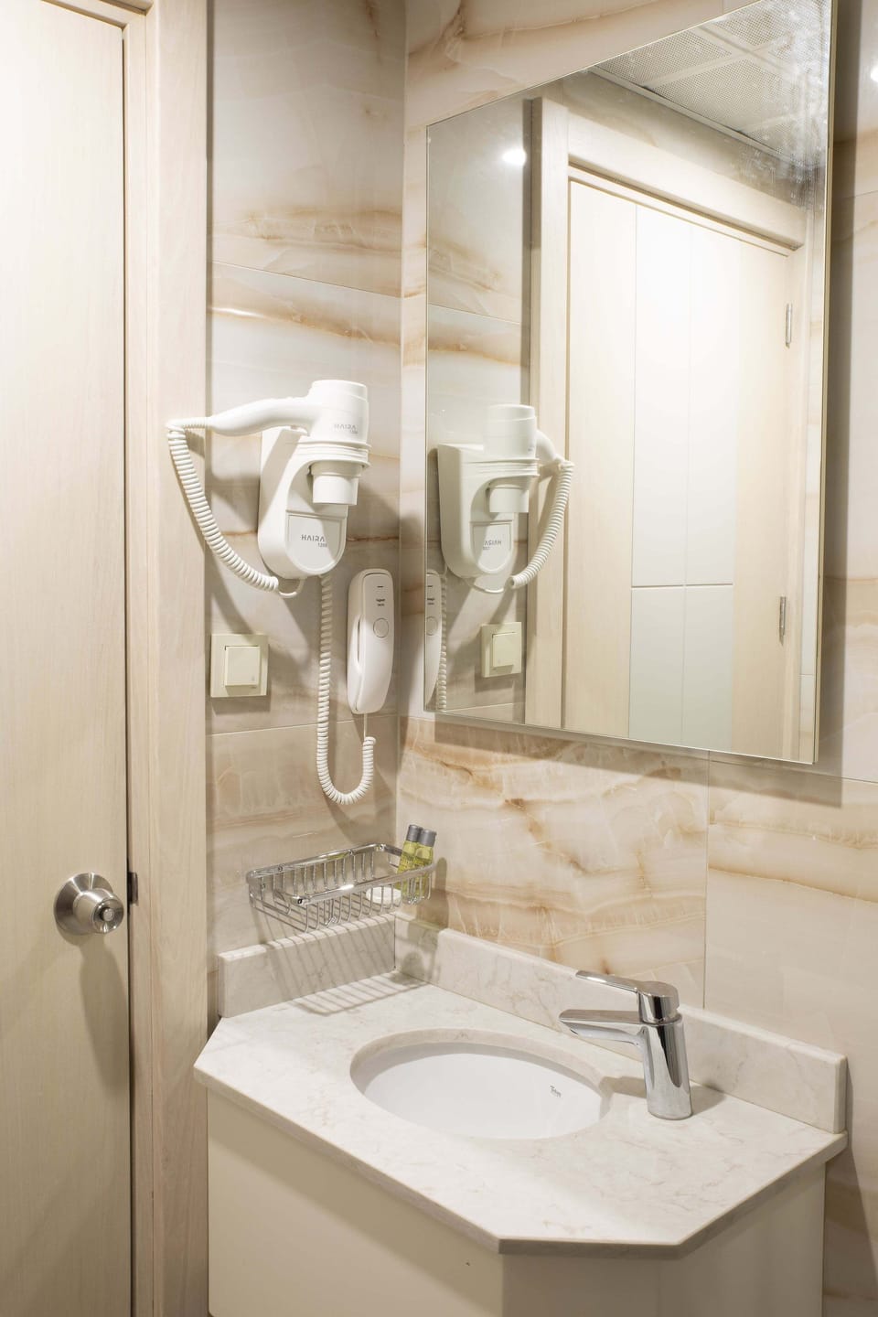 Shower, rainfall showerhead, hair dryer, slippers