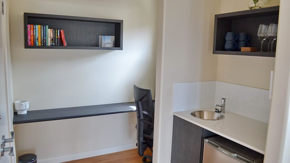 Study nook and kitchenet.