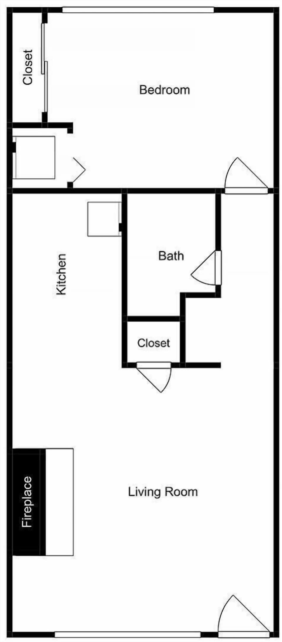 Clear layout showing your cozy one-bedroom retreat with separate living spaces and full amenities.