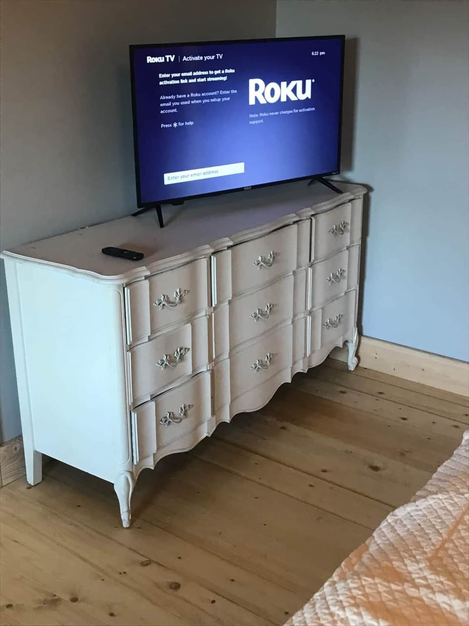 my wife's childhood chest of drawers restored. It has a 40 inch Roku TV and streams Spectrum cable.
