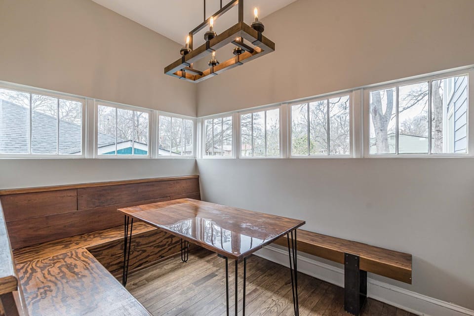 The breakfast nook is on the lower level of the unit