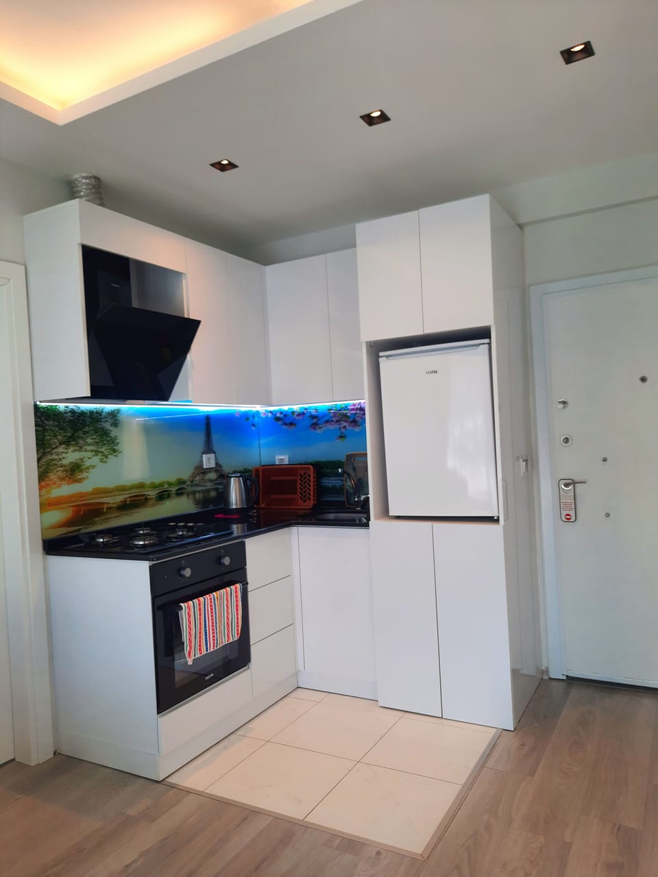 Fridge, stovetop, electric kettle, rice cooker