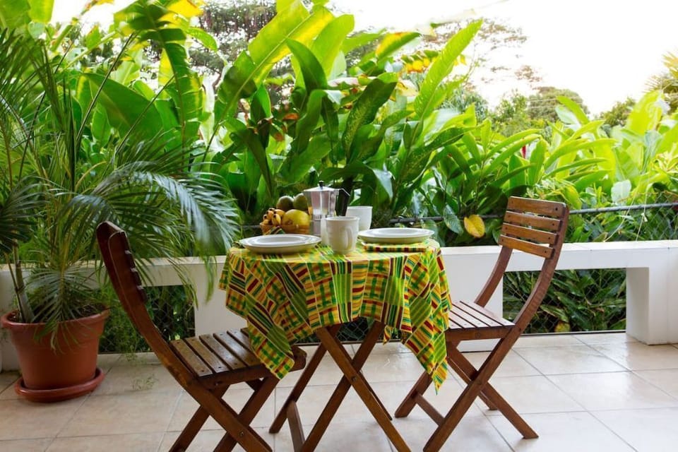 Breakfast with hummingbirds feeding from heliconias next  to the balcony 