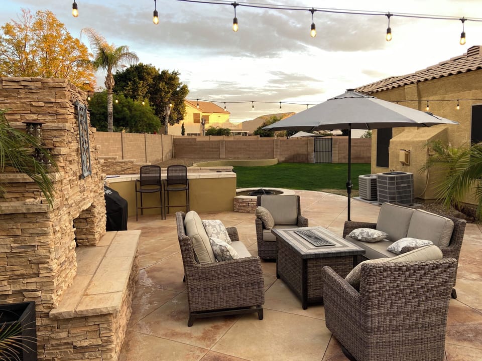 Outdoor Fireplace, outdoor seating with Gas fire pit. 
