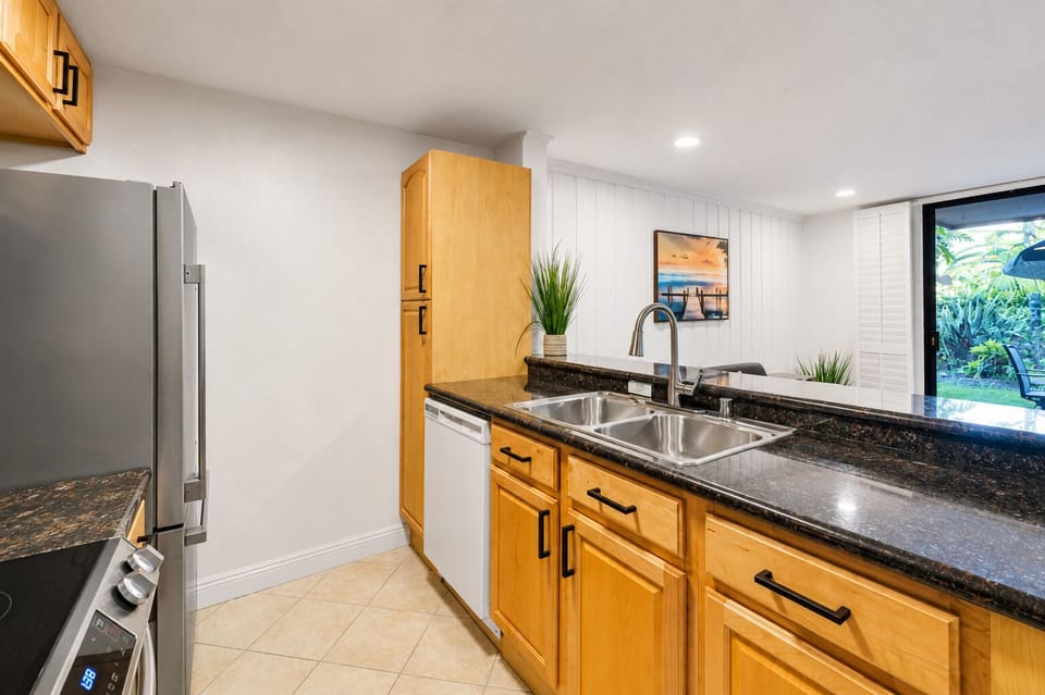 Kitchen with a garden view