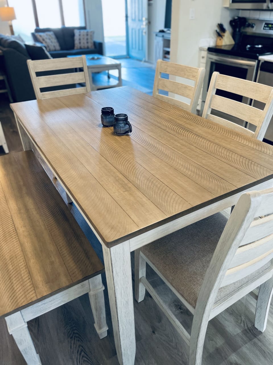 Modern dining table with storage bench