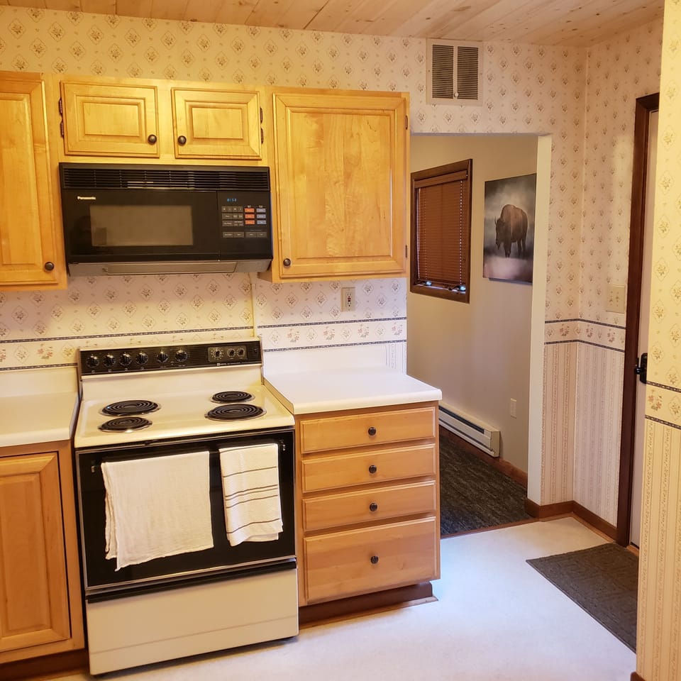 Large kitchen with microwave, oven, range, and refrigerator/freezer.