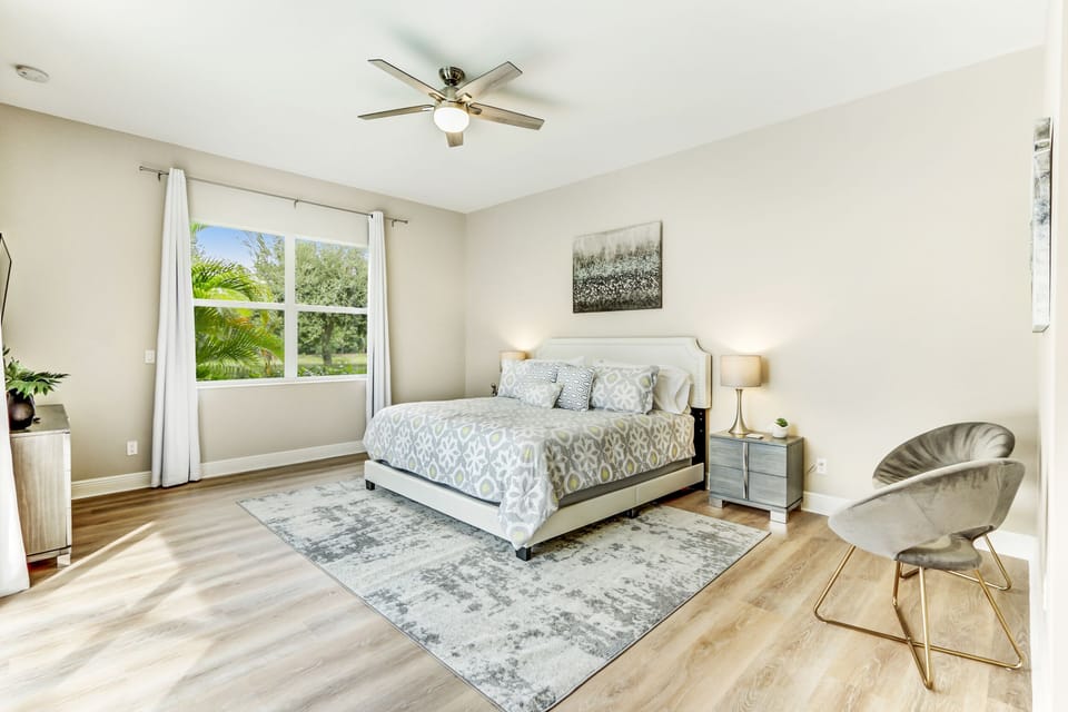 Master suite renders a king-sized, memory foam mattress