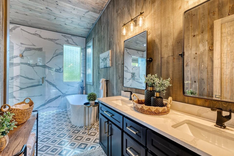 Primary Suite Main Level Beautiful Walk in Shower with Soaker Tub
