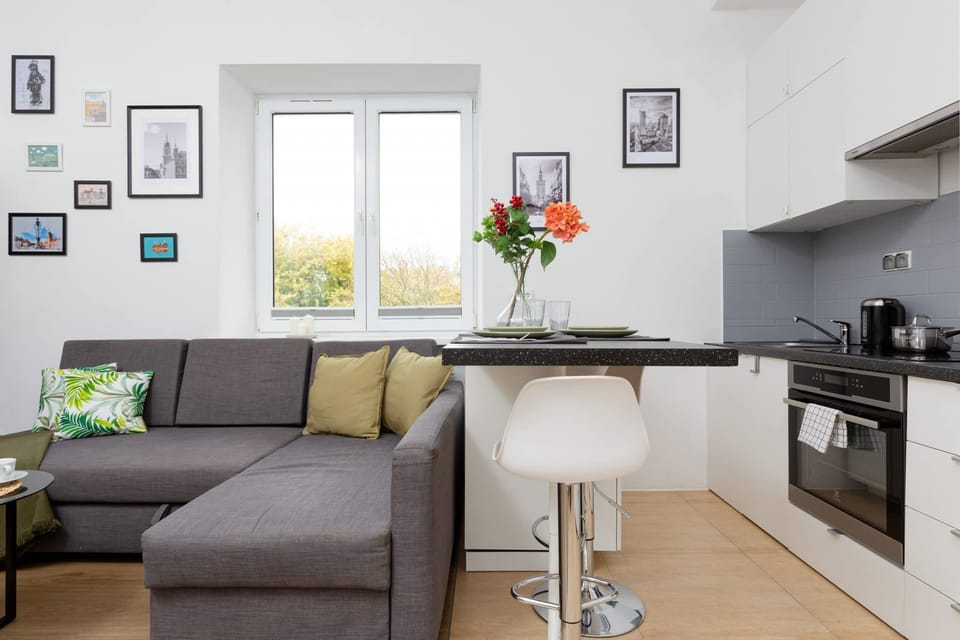 The combination of living room and kitchenette creates a funky space that makes optimal use of the entire room.