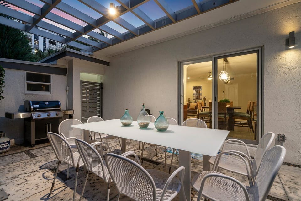 The outdoor dining area looks great at night, too