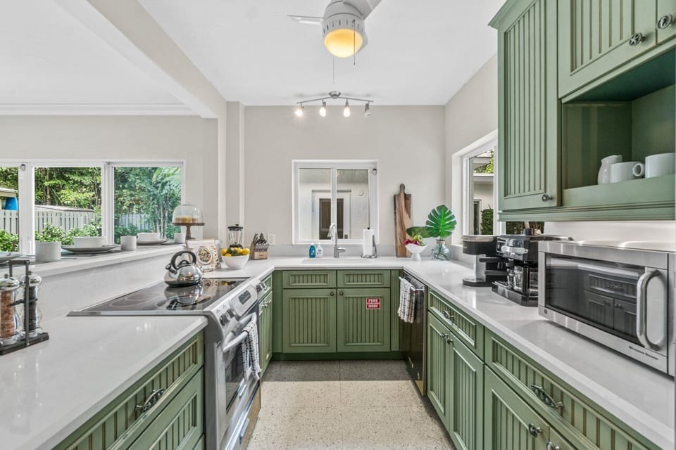 The large kitchen at Sugar Key has modern appliances, including a cappuccino maker!