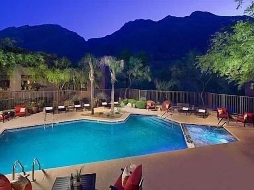 Breathtaking view of the Catalina Mountain range at dusk from the pool 