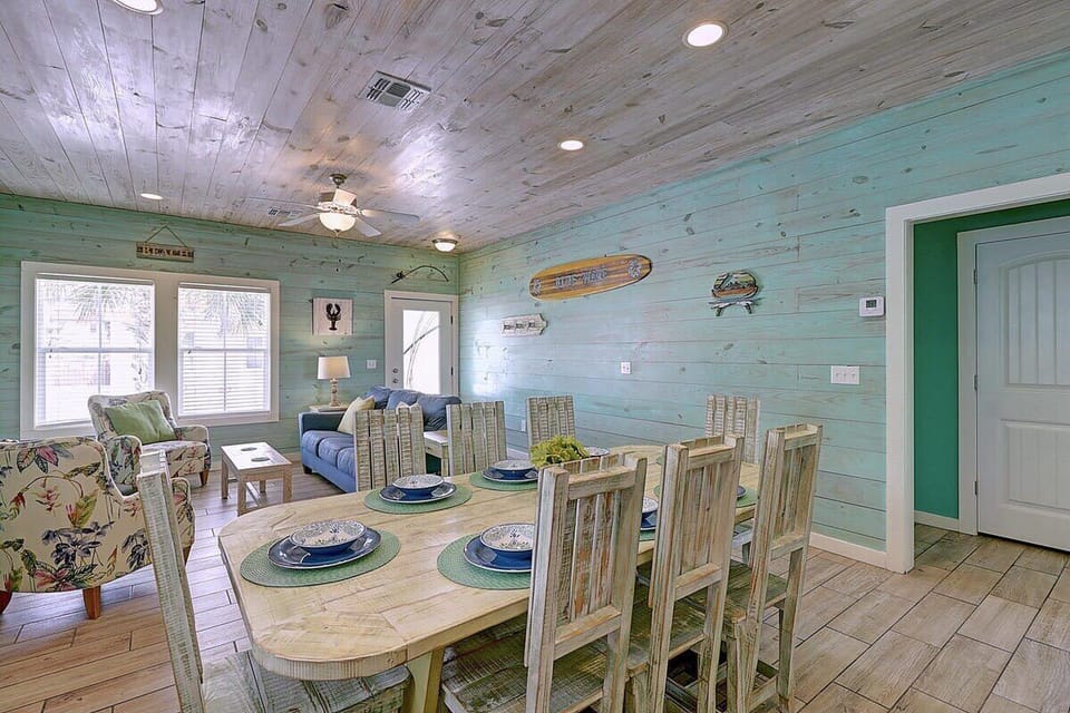 The dining table seats 8 and the kitchen is stocked with everything you would need to cook your catch of the day.