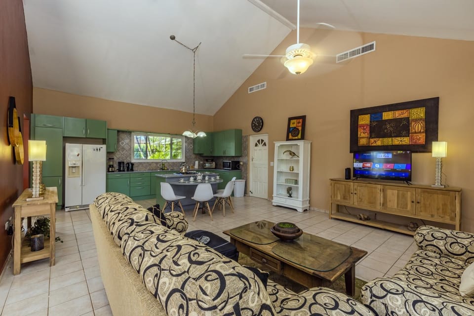 A living room with a comfortable sofa is ideal for socializing with friends.