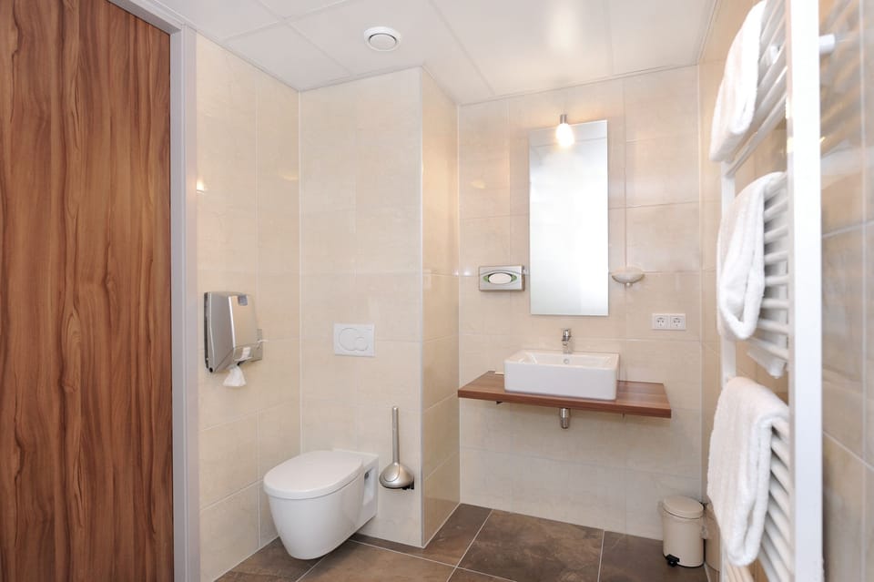 Shower, free toiletries, hair dryer, towels