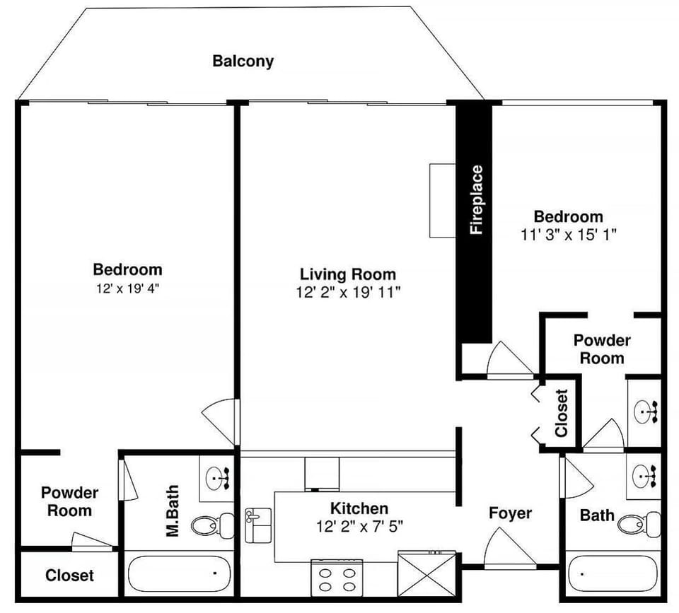 This detailed floor plan shows your spacious two-bedroom layout with private balcony, full kitchen, and bathrooms for comfortable mountain getaways.