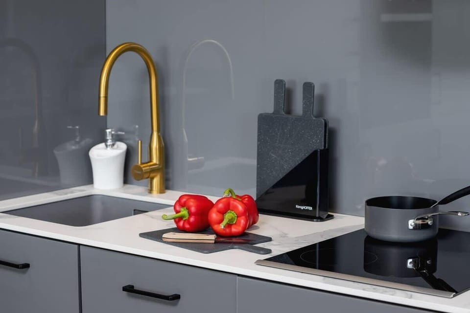 Close-up of the sink and hob.