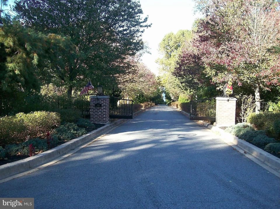 Private drive with orchard on the left side of the road.