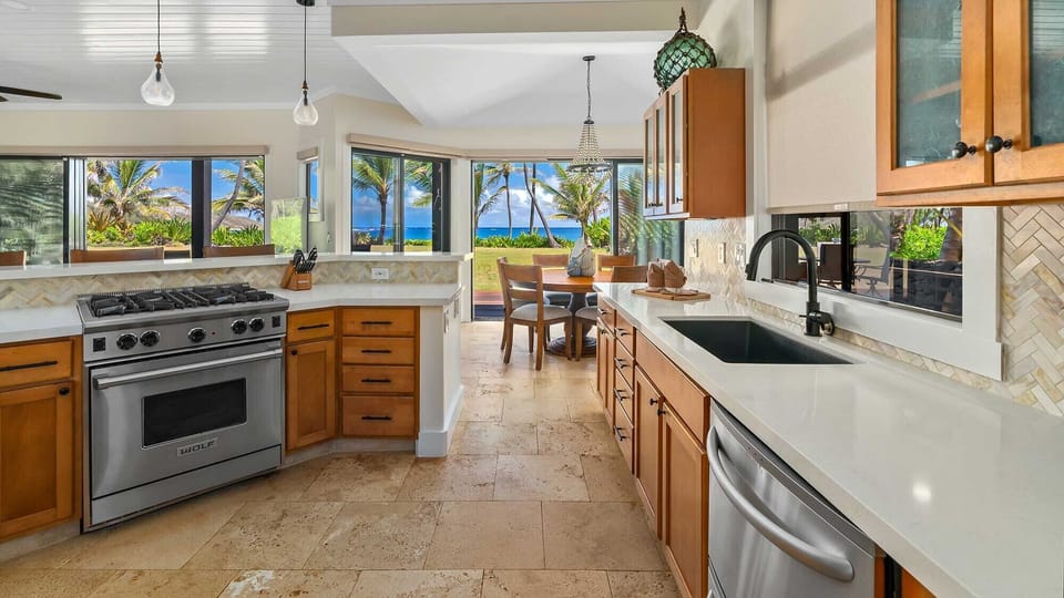 Anahola Beach Hale - Kitchen & Dining Ocean View - Parrish Kauai