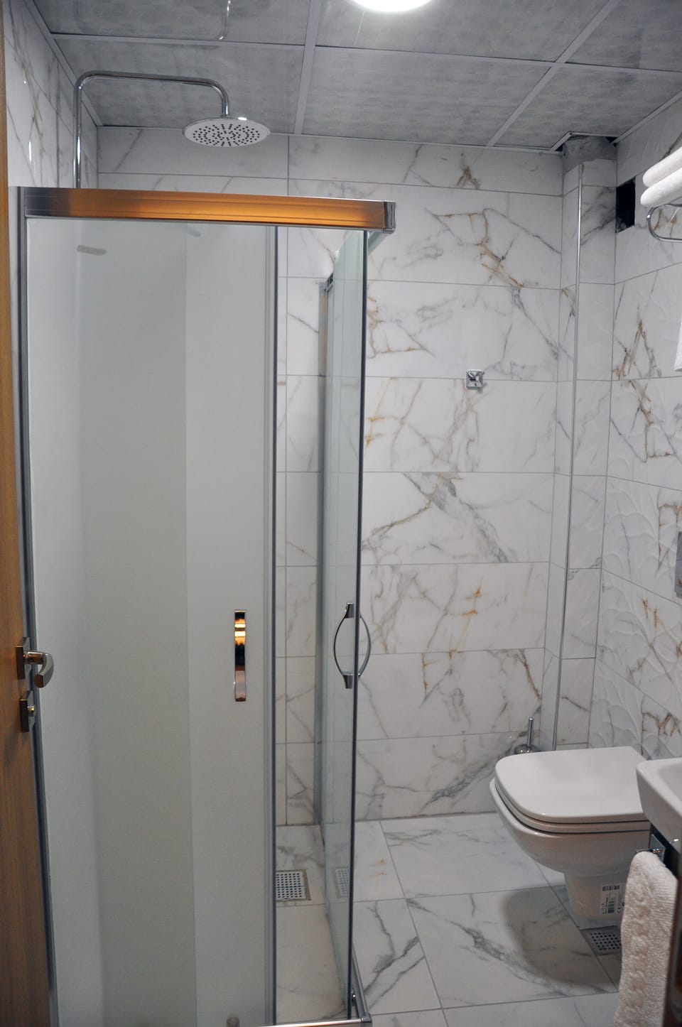 Shower, rainfall showerhead, towels