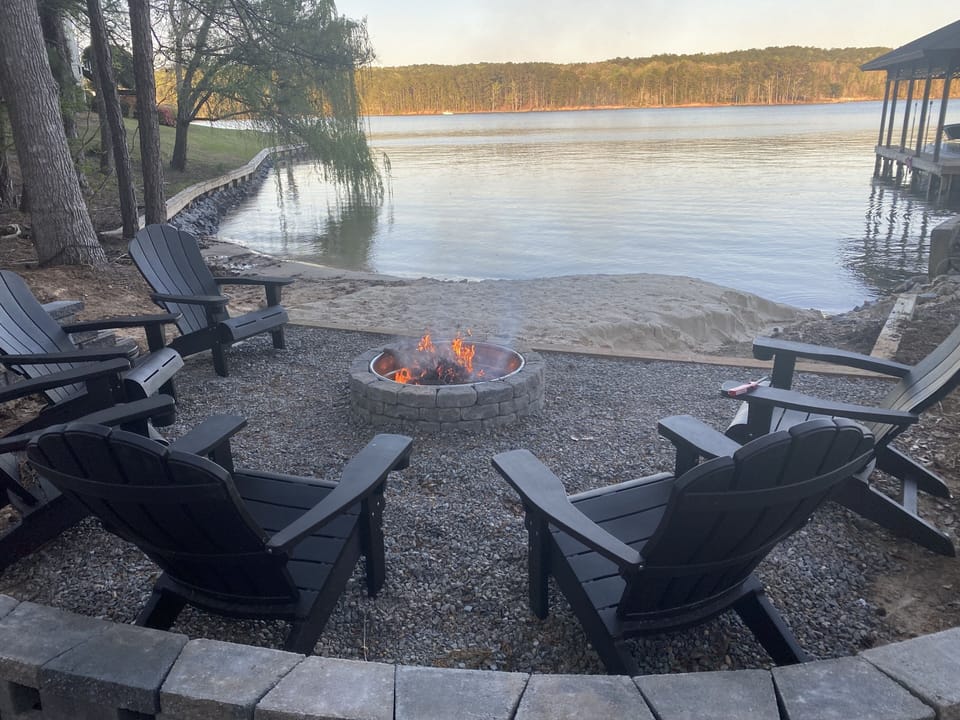 Fire pit,  private sandy beach, and walk in protected swim area