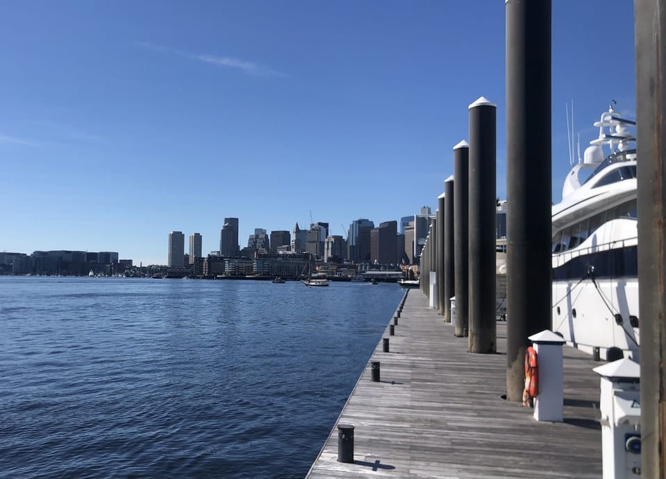 The city skyline from the marina breakwater. Hail the water taxi and explore!