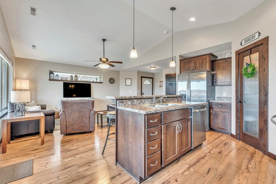 Kitchen into living room area.