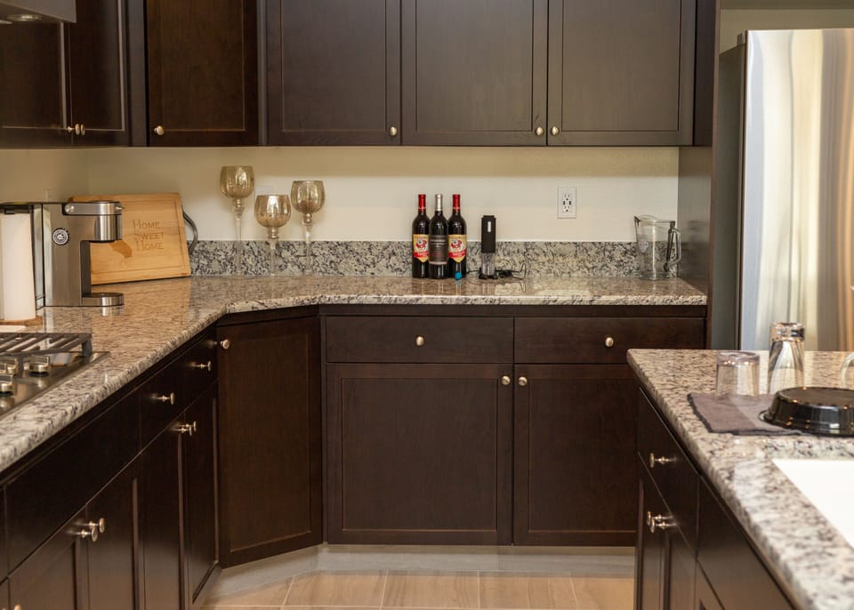 Built-in beverage area stocked for convenience during your stay.