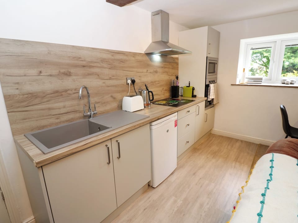 Fridge, microwave, electric kettle, toaster