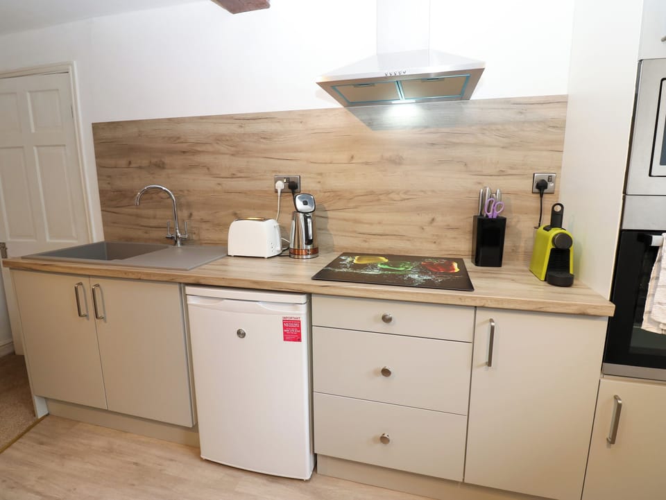 Fridge, microwave, electric kettle, toaster