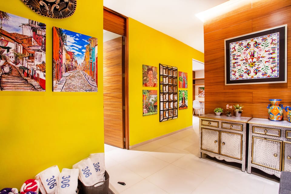 Mexican art decorates the entrance