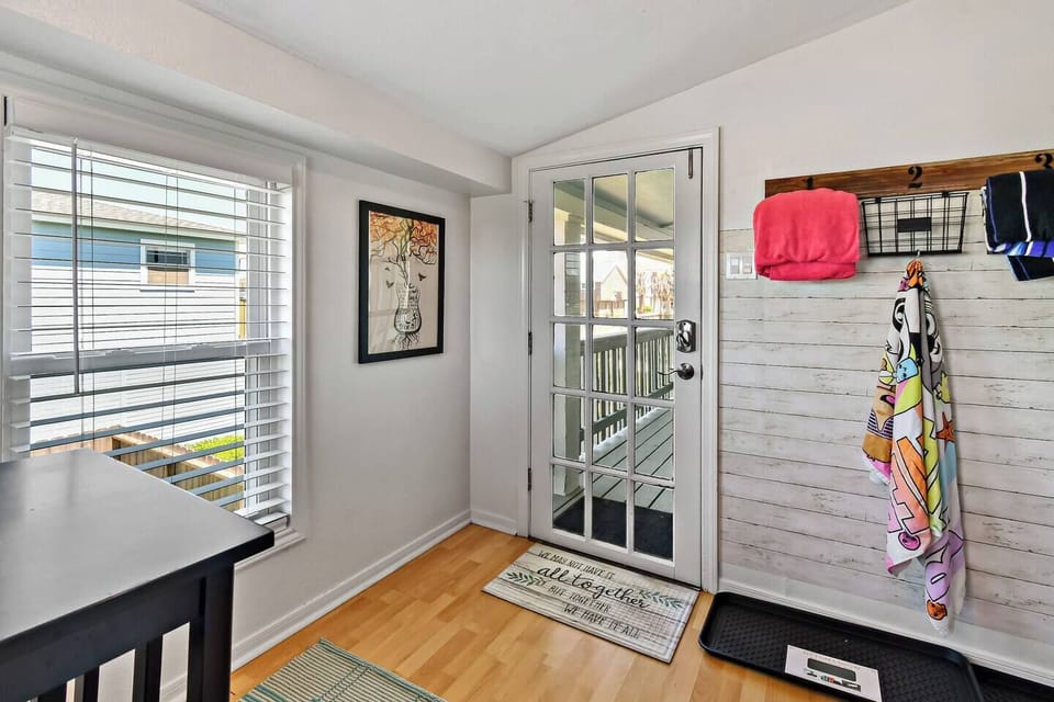 Places to hang wet towels and to put sandy or wet shoes.