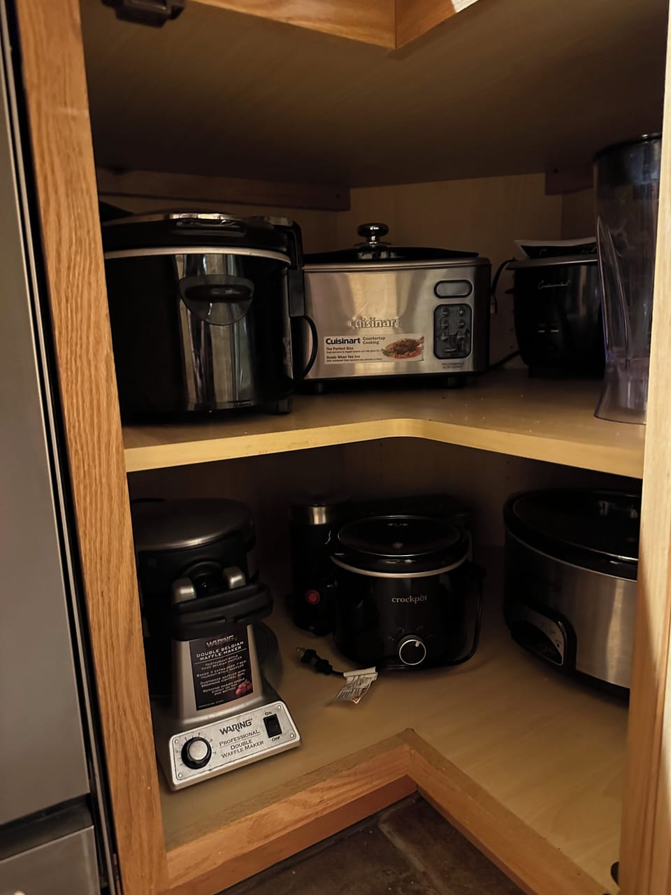 Kitchen cabinet storage for crockpots, waffle maker, coffee grinder, mixer
