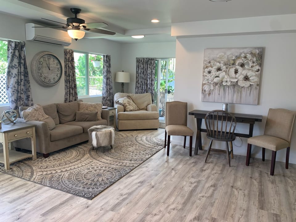 Living Room and Dining Area.  Dining Table folds out for meals or as a desk.