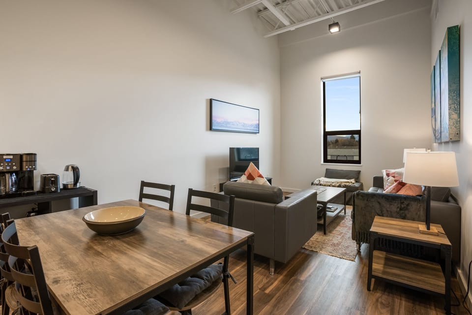 Dining table seats up to 4 guests.