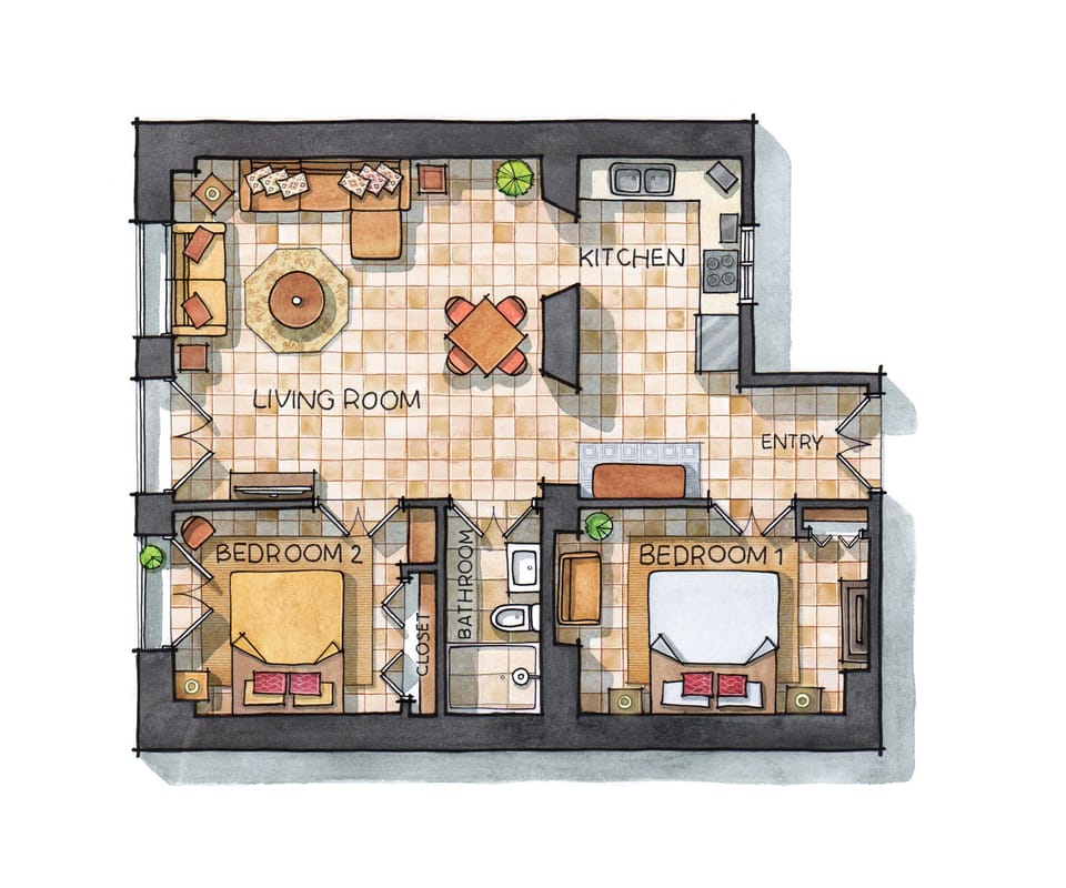 The floor plan is ideal for families, groups of friends or two couples.