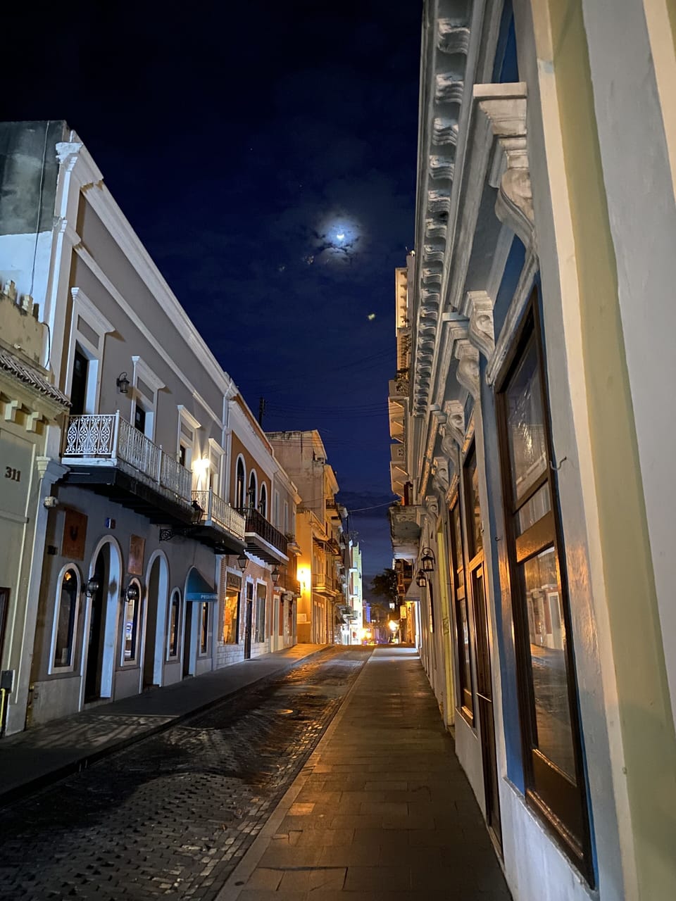 The romantic street scene just outside the building on a moonlit night.