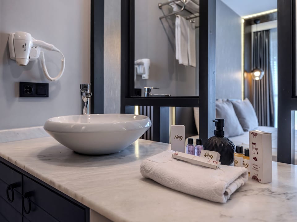 Shower, rainfall showerhead, hair dryer, slippers