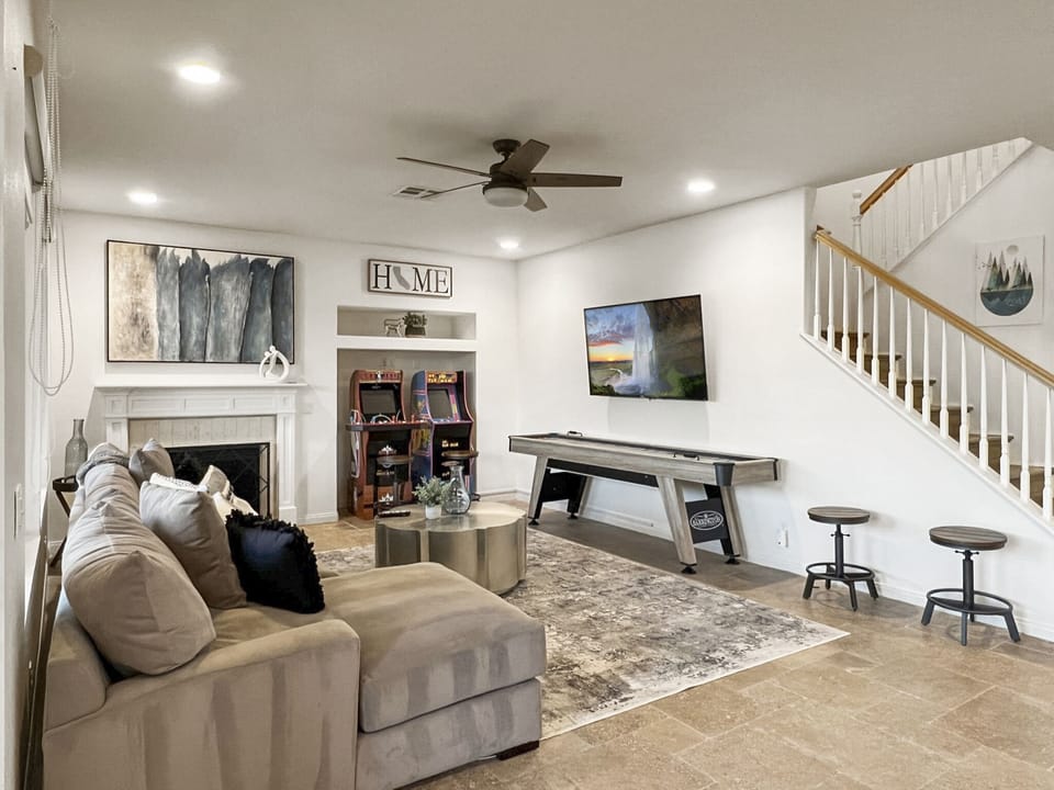 Our open concept living room is comfy and fun