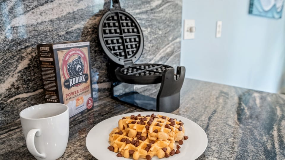 Vacation mornings start here. The waffle maker is ready and yes, they're really good waffles.