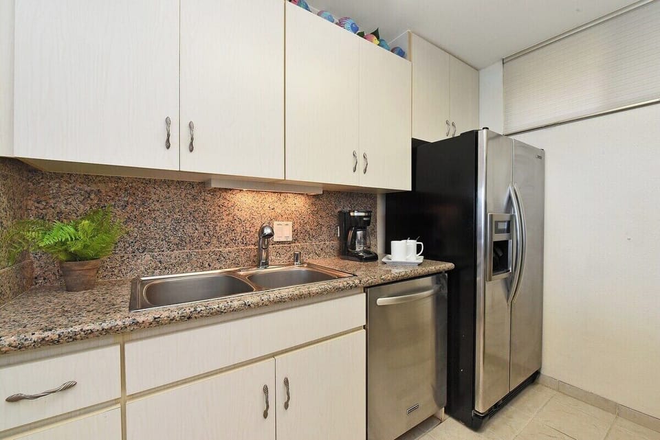 Sleek countertops, stainless steel appliances, and thoughtful touches for a convenient stay