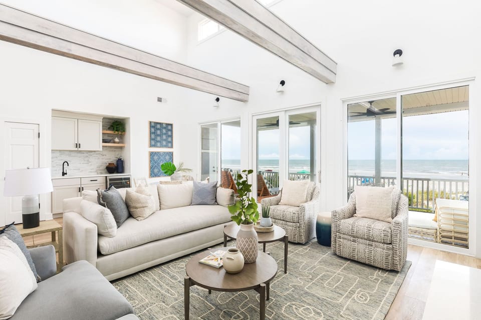 Bright and Airy Oceanfront Living Room – Gather with friends and family in this stylish coastal retreat.