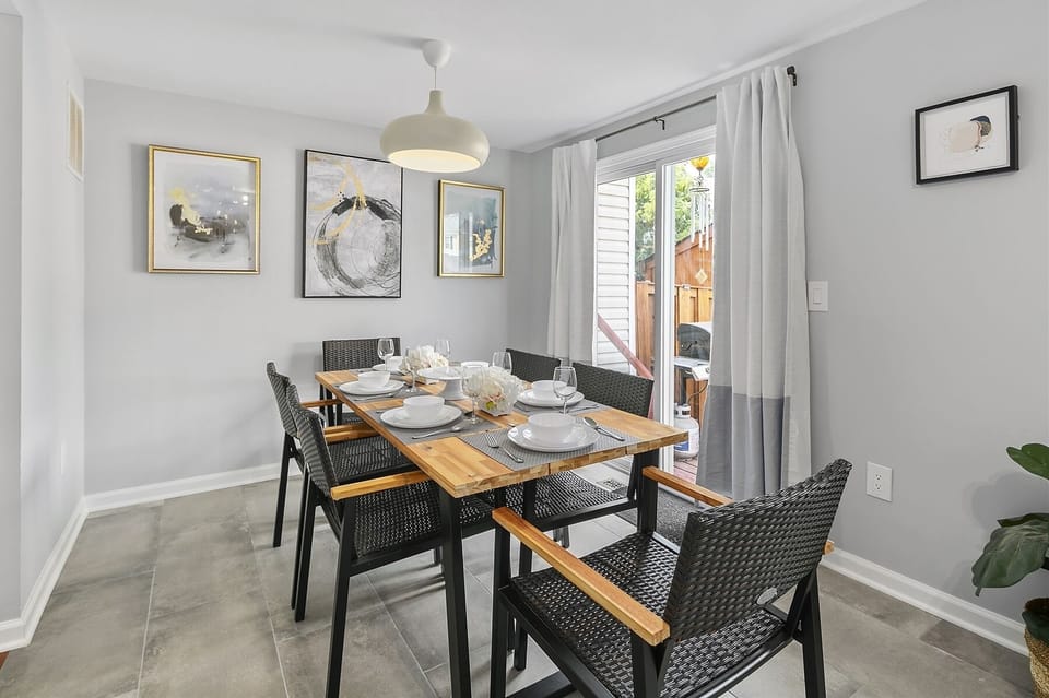 Chic dining table comfortably sits six