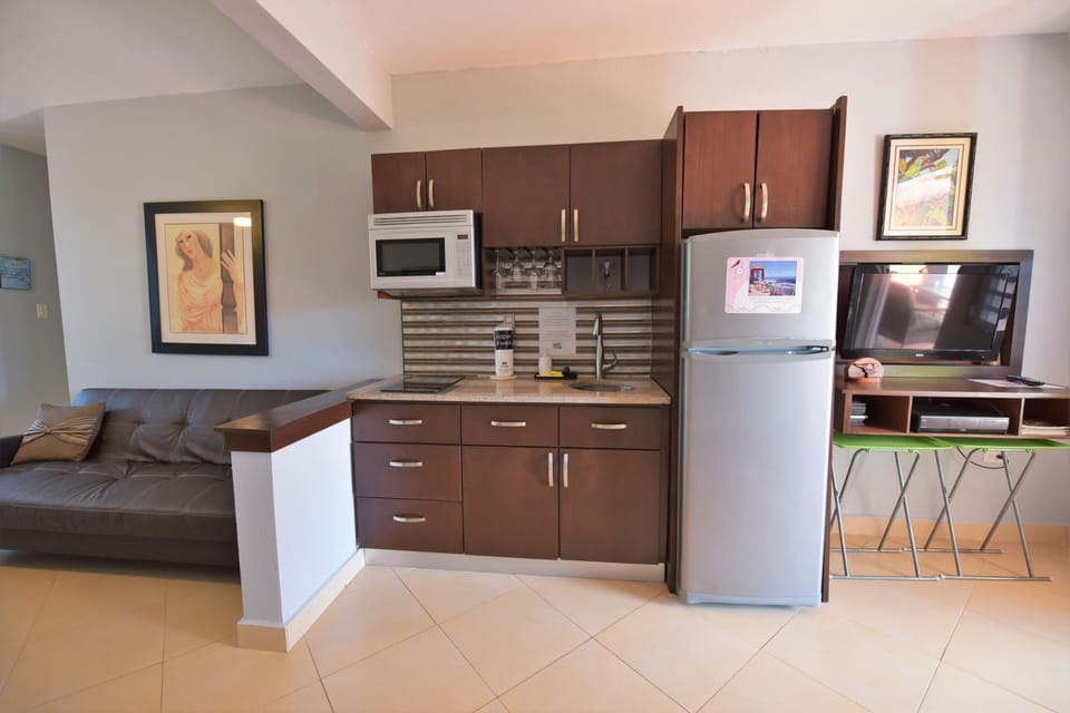 kitchenette with granite countertop, two burner stove, microwave, tall fridge