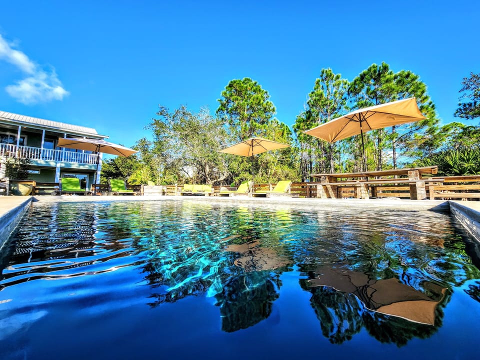 Refreshing forest-view pool with lounge chairs and umbrellas!