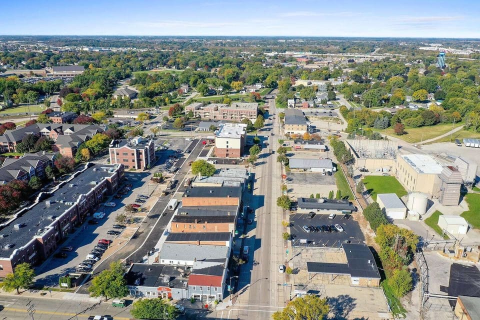 Aerial view of downtown, showcasing the amazing location of this rental!  We are located in the heart of the business district, just steps from dining,  shopping and nightlife as well as the Fox River!